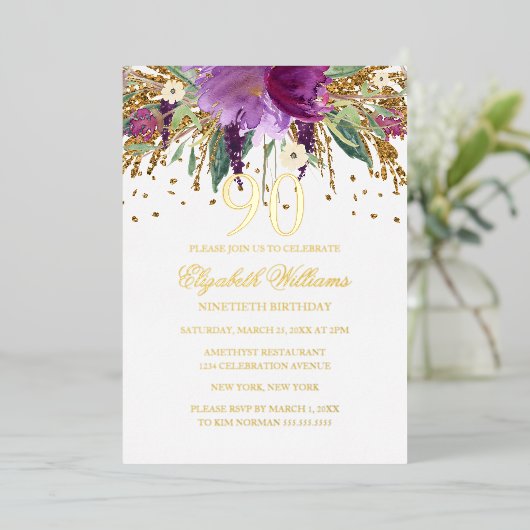 GOLD FOIL Floral Glitter Amethyst 90th Birthday Folie Uitnodiging (Staand Voorkant)