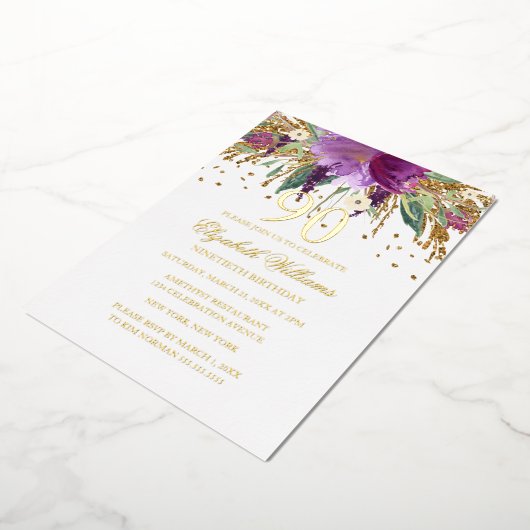 GOLD FOIL Floral Glitter Amethyst 90th Birthday Folie Uitnodiging (Gedraaid)