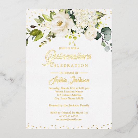 GOLD FOIL Floral Gold Quinceanera Folie Uitnodiging (Voorkant)
