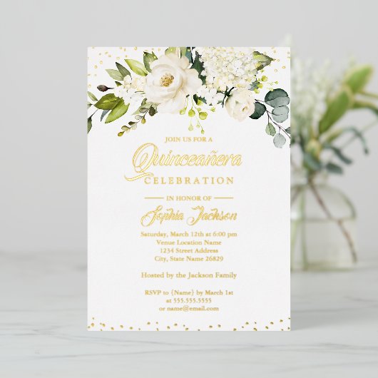GOLD FOIL Floral Gold Quinceanera Folie Uitnodiging (Staand Voorkant)