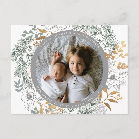 Gold Foil Floral met aangepaste foto White Holiday Briefkaart (Voorkant)