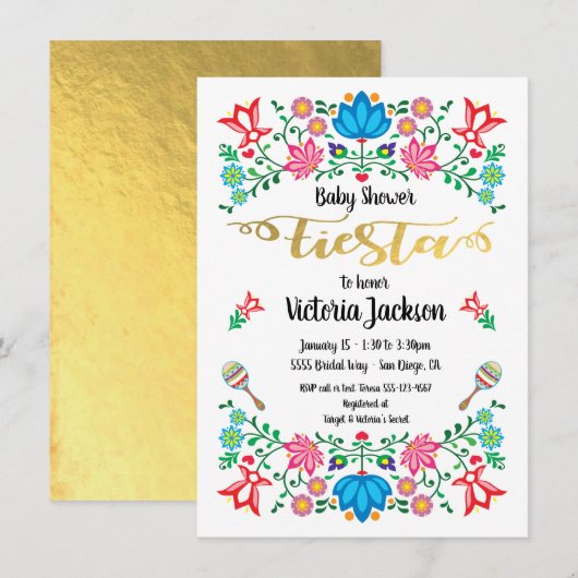 Gold Foil Floral Mexican Fiesta Baby shower Kaart (Voorkant / Achterkant)