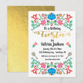 Gold Foil Floral Mexican Fiesta Birthday Party Kaart (Voorkant / Achterkant)