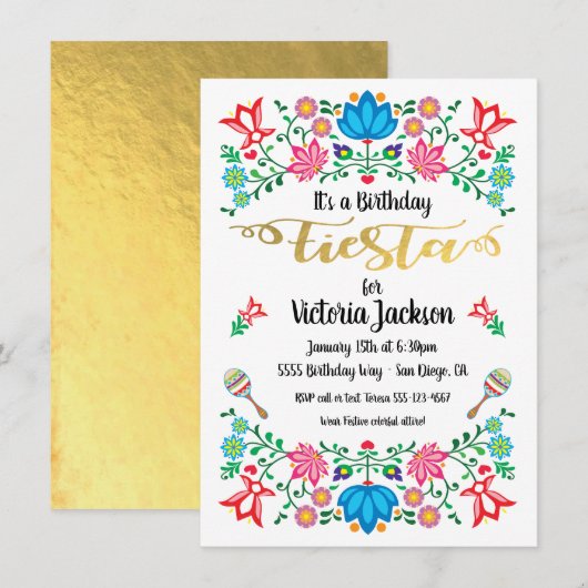 Gold Foil Floral Mexican Fiesta Birthday Party Kaart (Voorkant / Achterkant)