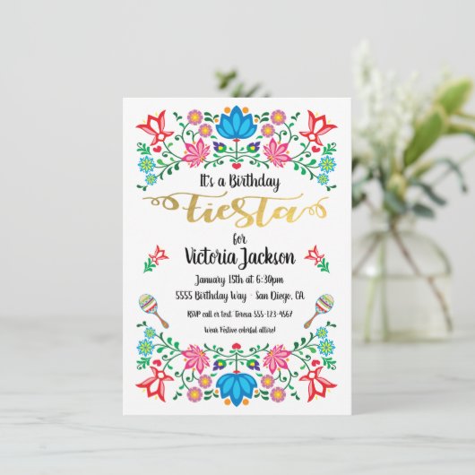 Gold Foil Floral Mexican Fiesta Birthday Party Kaart (Staand voorkant)