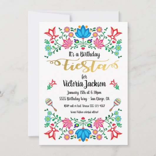 Gold Foil Floral Mexican Fiesta Birthday Party Kaart (Voorkant)