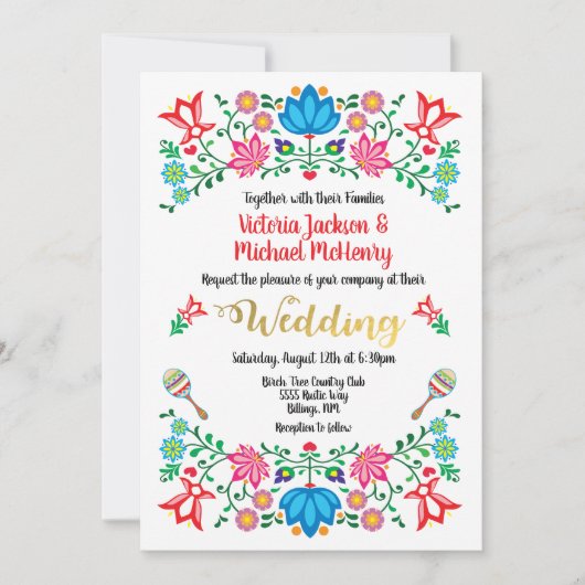 Gold Foil Floral Mexican Wedding Fiesta Kaart (Voorkant)