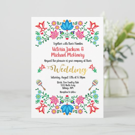 Gold Foil Floral Mexican Wedding Fiesta Kaart (Staand voorkant)
