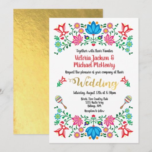 Gold Foil Floral Mexican Wedding Fiesta Kaart (Voorkant / Achterkant)