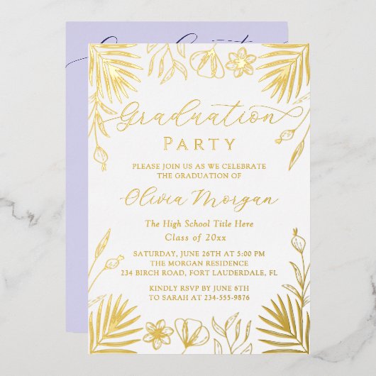 Gold Foil Floral Script Paars Afstuderen Foto Folie Uitnodiging (Voorkant / Achterkant)
