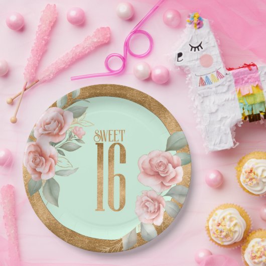 Gold Foil Floral Sweet Sixteen Mint Green ID757 Papieren Bordje (Feest)