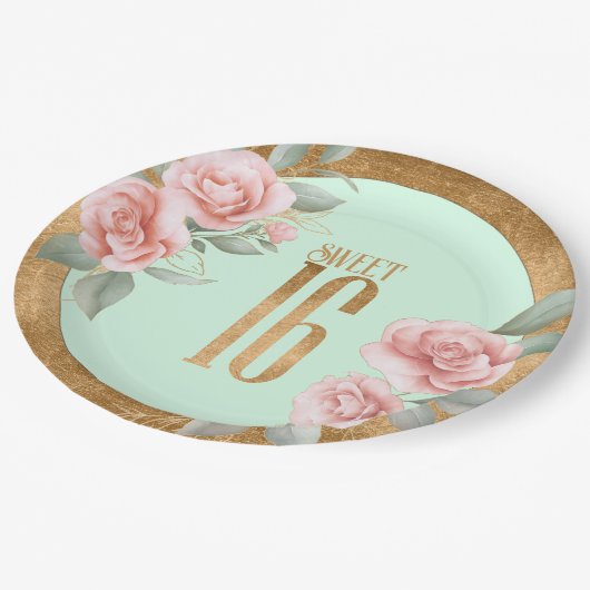 Gold Foil Floral Sweet Sixteen Mint Green ID757 Papieren Bordje (Gekanteld)