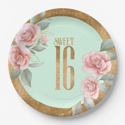 Gold Foil Floral Sweet Sixteen Mint Green ID757 Papieren Bordje (Voorkant)