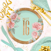 Gold Foil Floral Sweet Sixteen Mint Green ID757 Papieren Bordje