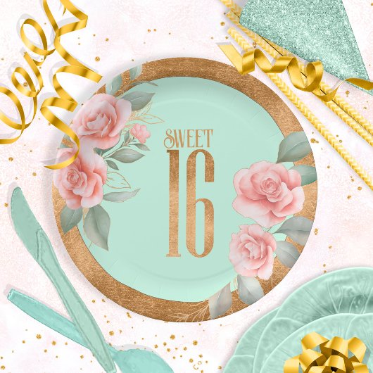 Gold Foil Floral Sweet Sixteen Mint Green ID757 Papieren Bordje