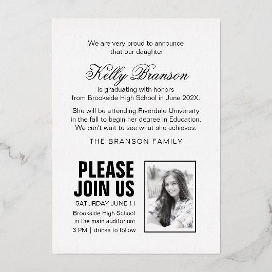 Gold Foil Foto Afstuderen kondiging Petten off Folie Uitnodiging (Achterkant)