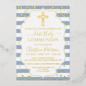 Gold Foil Foto Dusty Blue Stripes First Community Folie Uitnodiging (Voorkant)