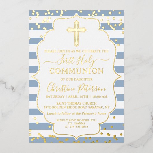 Gold Foil Foto Dusty Blue Stripes First Community Folie Uitnodiging (Voorkant)
