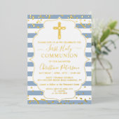 Gold Foil Foto Dusty Blue Stripes First Community Folie Uitnodiging (Staand Voorkant)