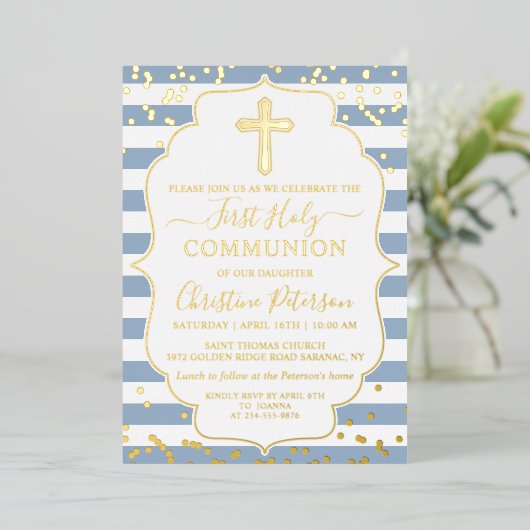 Gold Foil Foto Dusty Blue Stripes First Community Folie Uitnodiging (Staand Voorkant)