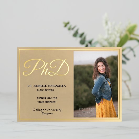 Gold Foil Foto PhD Afstuderen Hartelijk dank Folie Uitnodiging (Staand Voorkant)