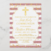 Gold Foil Foto roze mosterd stripes First Commune Folie Uitnodiging (Voorkant)