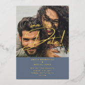 GOLD Foil Fotobedekking Blue Save Date Weddenschap Folie Uitnodiging (Voorkant)