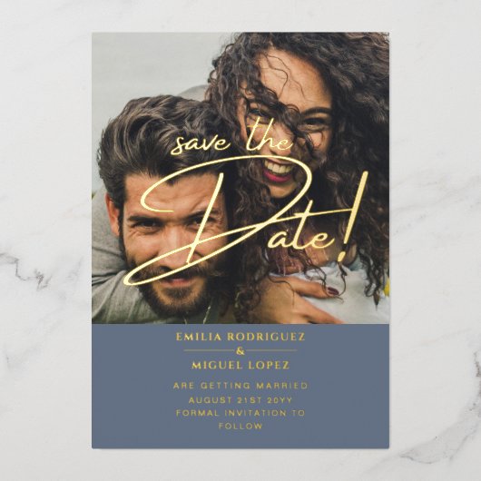 GOLD Foil Fotobedekking Blue Save Date Weddenschap Folie Uitnodiging (Voorkant)