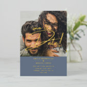 GOLD Foil Fotobedekking Blue Save Date Weddenschap Folie Uitnodiging (Staand Voorkant)