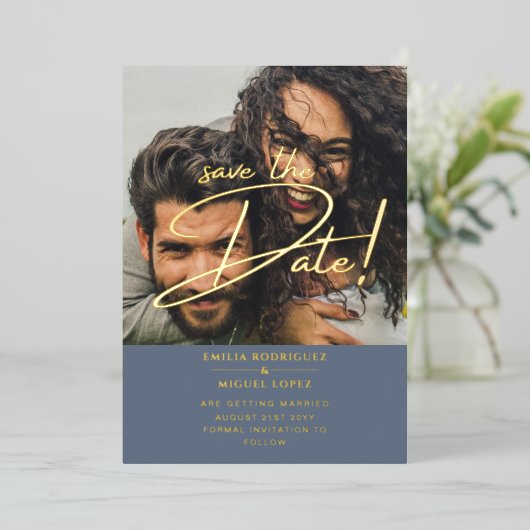 GOLD Foil Fotobedekking Blue Save Date Weddenschap Folie Uitnodiging (Staand Voorkant)