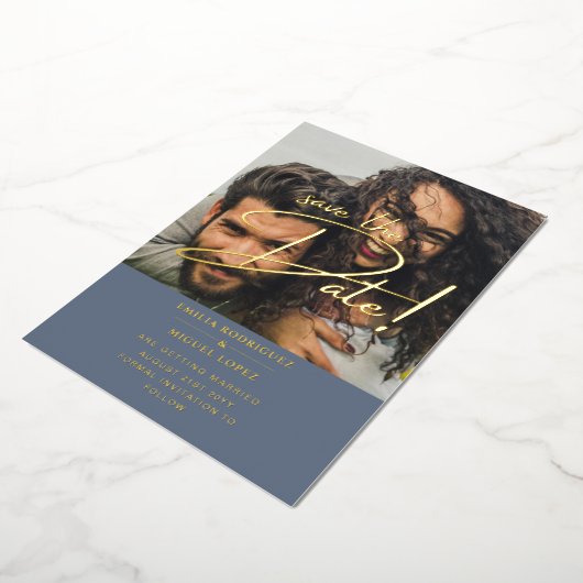 GOLD Foil Fotobedekking Blue Save Date Weddenschap Folie Uitnodiging (Gedraaid)