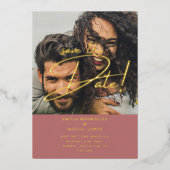 GOLD Foil Fotobedekking Roos Opslagdatum bruiloft Folie Uitnodiging (Voorkant)