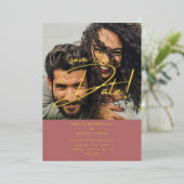 GOLD Foil Fotobedekking Roos Opslagdatum bruiloft Folie Uitnodiging (Staand Voorkant)