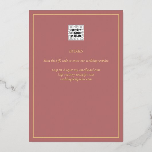 GOLD Foil Fotobedekking Roos Opslagdatum bruiloft Folie Uitnodiging (Achterkant)