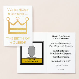 Gold Foil "GEBOORTED VAN EEN KONINGIN!" Baby Folie Kaarten