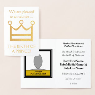 Gold Foil "GEBOORTED VAN EEN PRINCE!" Baby Folie Kaarten