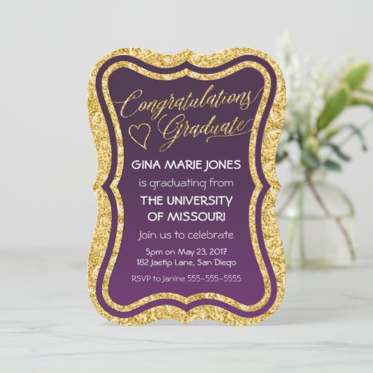 Gold Foil Gefeliciteerd Afstuderen Uitnodiging (Staand voorkant)