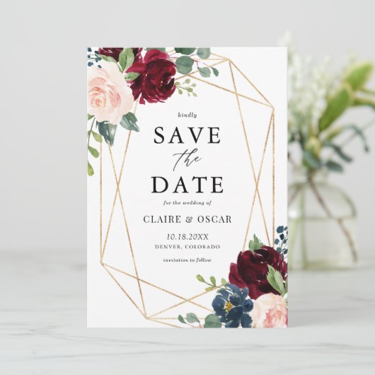 Gold Foil Geometric Burgundy Floral Lijst Herfst Save The Date (Staand voorkant)