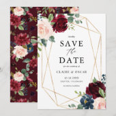 Gold Foil Geometric Burgundy Floral Lijst Herfst Save The Date (Voorkant / Achterkant)