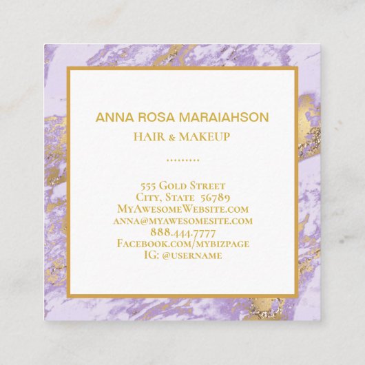 *~* Gold Foil Girly Luxe Lavender Marble Modern Vierkante Visitekaartje (Achterkant)