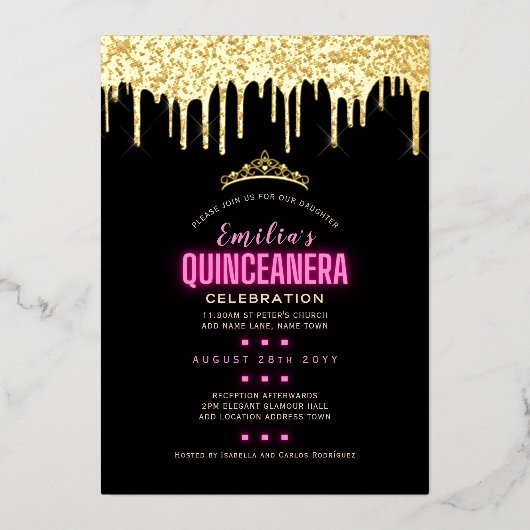 Gold Foil Girly Pink 15e verjaardag Quinceanera Folie Uitnodiging (Voorkant)