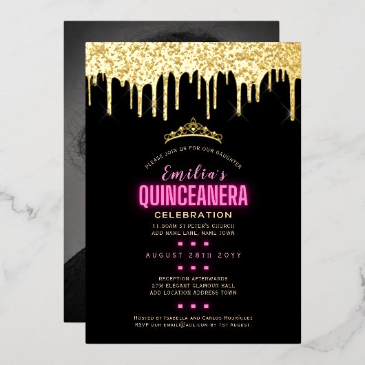 Gold Foil Girly Pink PHOTO Birthday Quinceanera Folie Uitnodiging (Voorkant / Achterkant)