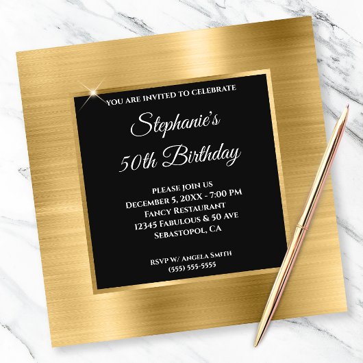 Gold Foil Glam Black Overlay 50th Birthday Kaart