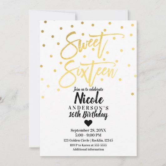 Gold Foil Glam Modern Script Sweet 16 Zestien Kaart (Voorkant)