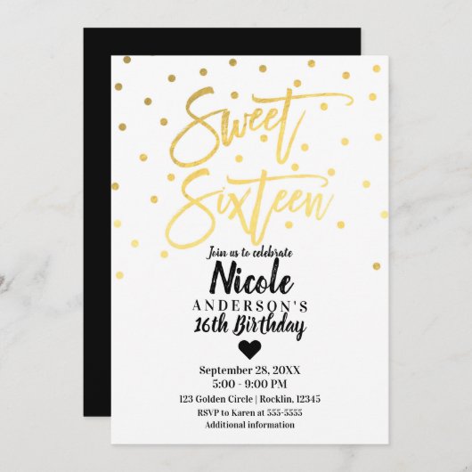 Gold Foil Glam Modern Script Sweet 16 Zestien Kaart (Voorkant / Achterkant)