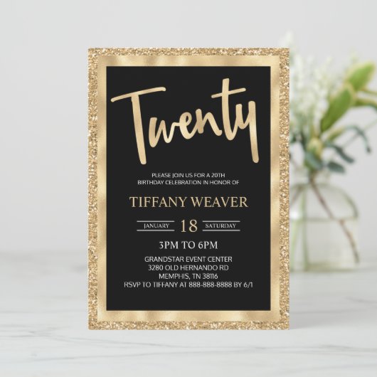 Gold Foil Glitter 20th Birthday Invitation Kaart (Staand voorkant)