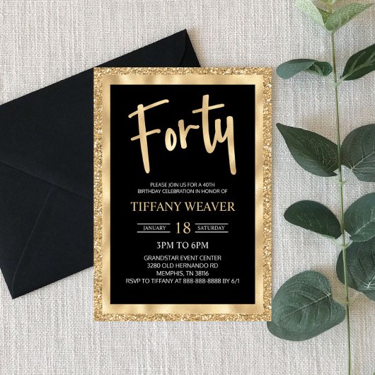 Gold Foil Glitter 40th Birthday Invitation Kaart