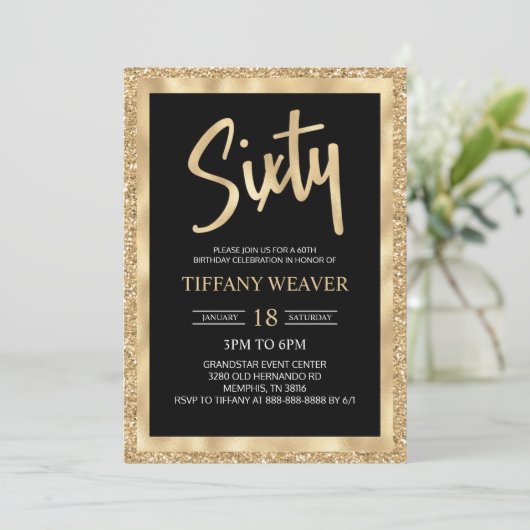 Gold Foil Glitter 60th Birthday Invitation Kaart (Staand voorkant)