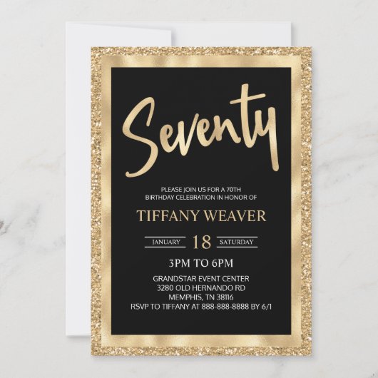 Gold Foil Glitter 70th Birthday Invitation Kaart (Voorkant)