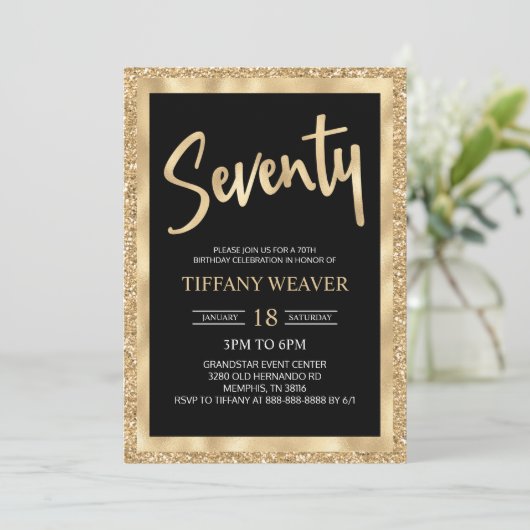 Gold Foil Glitter 70th Birthday Invitation Kaart (Staand voorkant)